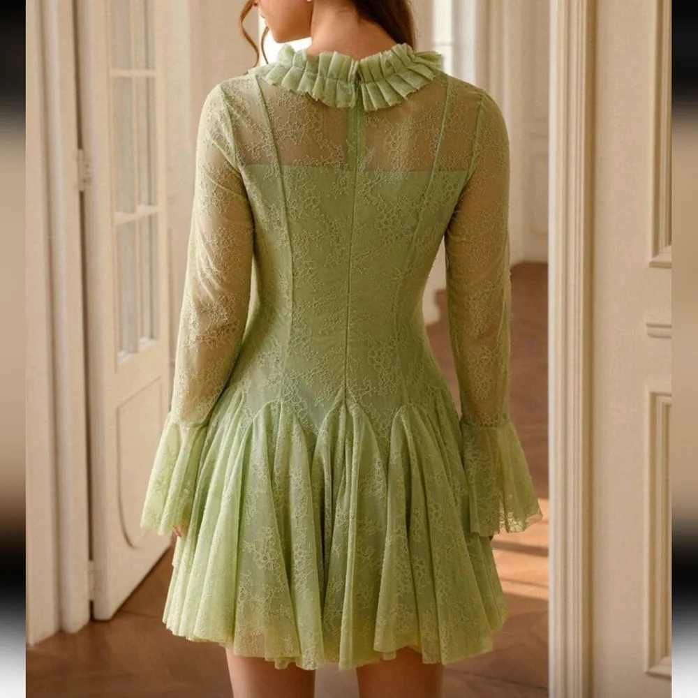 Green Crochet Lace Ruffle Trim Pleated Bodice Flared Skirt Waist Cinched Party D - Picture 2 of 4